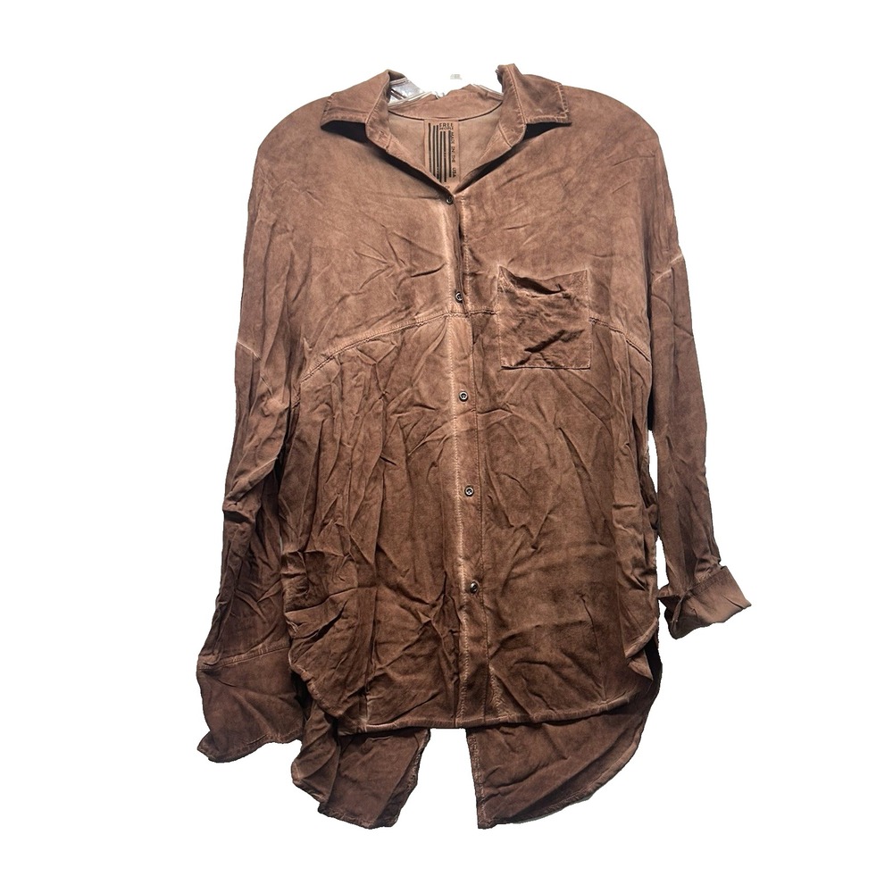Free People Women's XS Brown Made in USA Rayon Button Up Long Sleeve Shirt (D2)